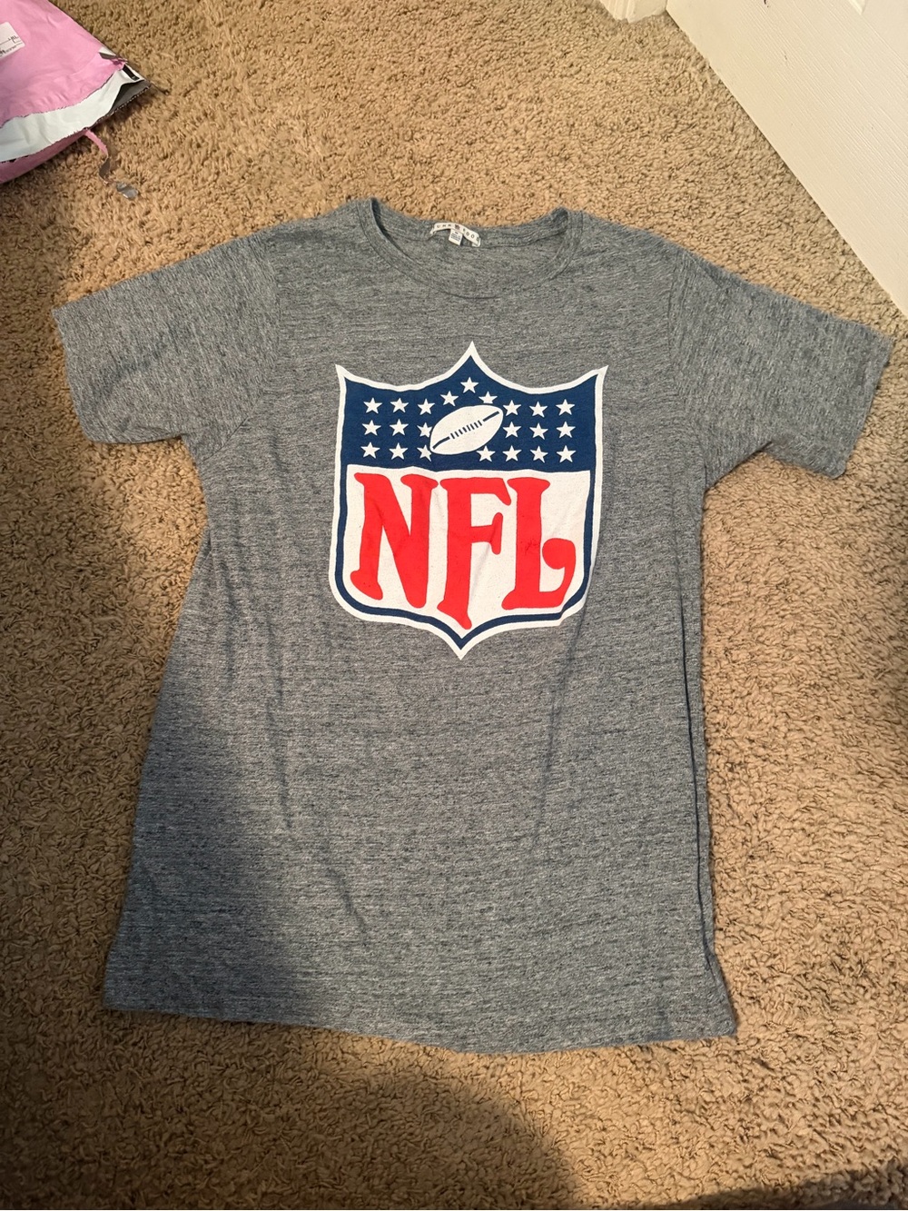 Junk Food Clothing Gray Short Sleeve Tee with Red and Blue NFL Shield